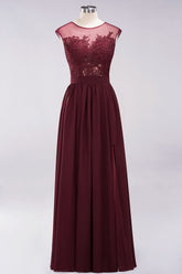 Affordable Scoop Lace Appliques Yellow Bridesmaid Dresses with Slit-27dress